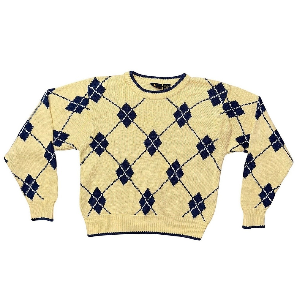 Vtg Argyle Sweater Yellow Navy Blue Lizsport Petite 100% Cotton Crewneck S